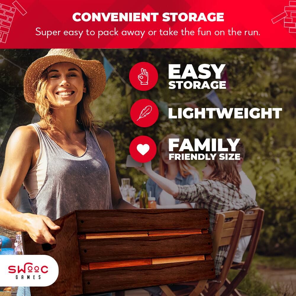 CONVENIENT STORAGE  
Super easy to pack away or take the fun on the run.

EASY STORAGE  
LIGHTWEIGHT  
FAMILY FRIENDLY SIZE

SWOEC GAMES
