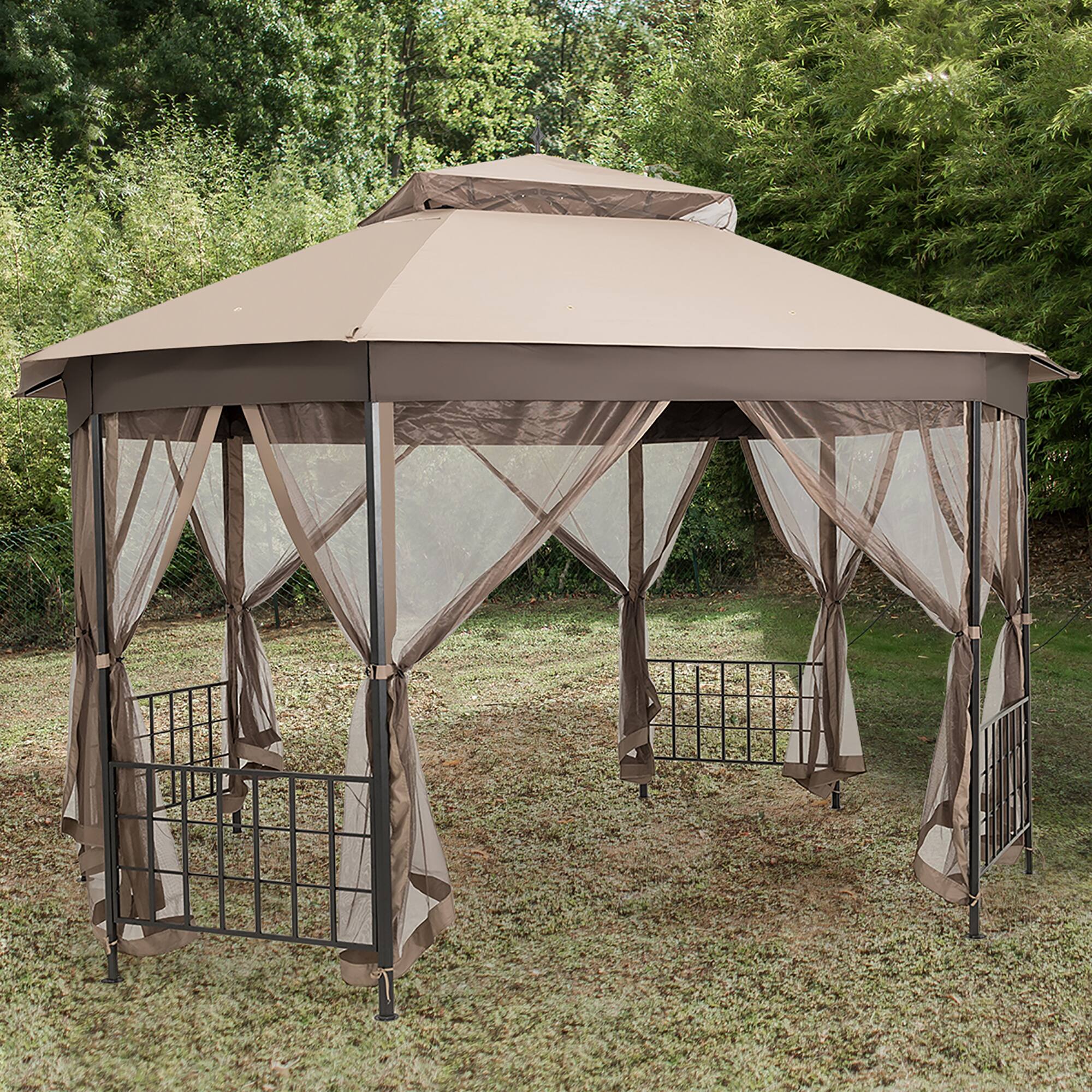 Alt View 4. Costway - Costway 10' x 12' Octagonal Patio Gazebo Canopy Shelter Double Top W/Netting Sidewalls - Brown.