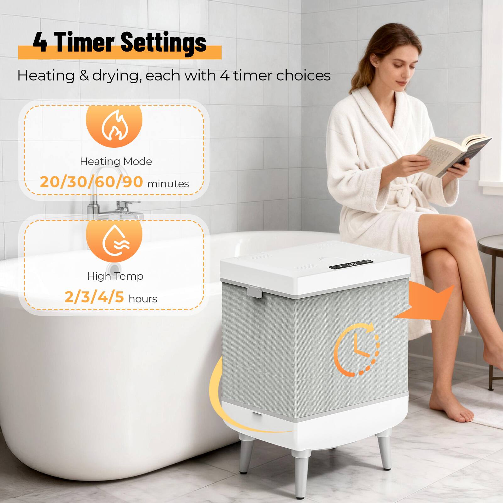 4 Timer Settings  
Heating & drying, each with 4 timer choices  

Heating Mode  
20/30/60/90 minutes  

High Temp  
2/3/4/5 hours