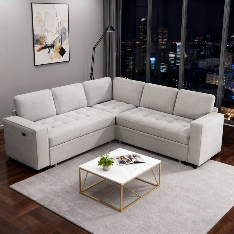 Front. Vipbear - Modular Sectional Sofa with Pull Out Bed, with USB Ports/Adjustable Backrest/Storage Seats, Tool-Free Assembly - Beige.
