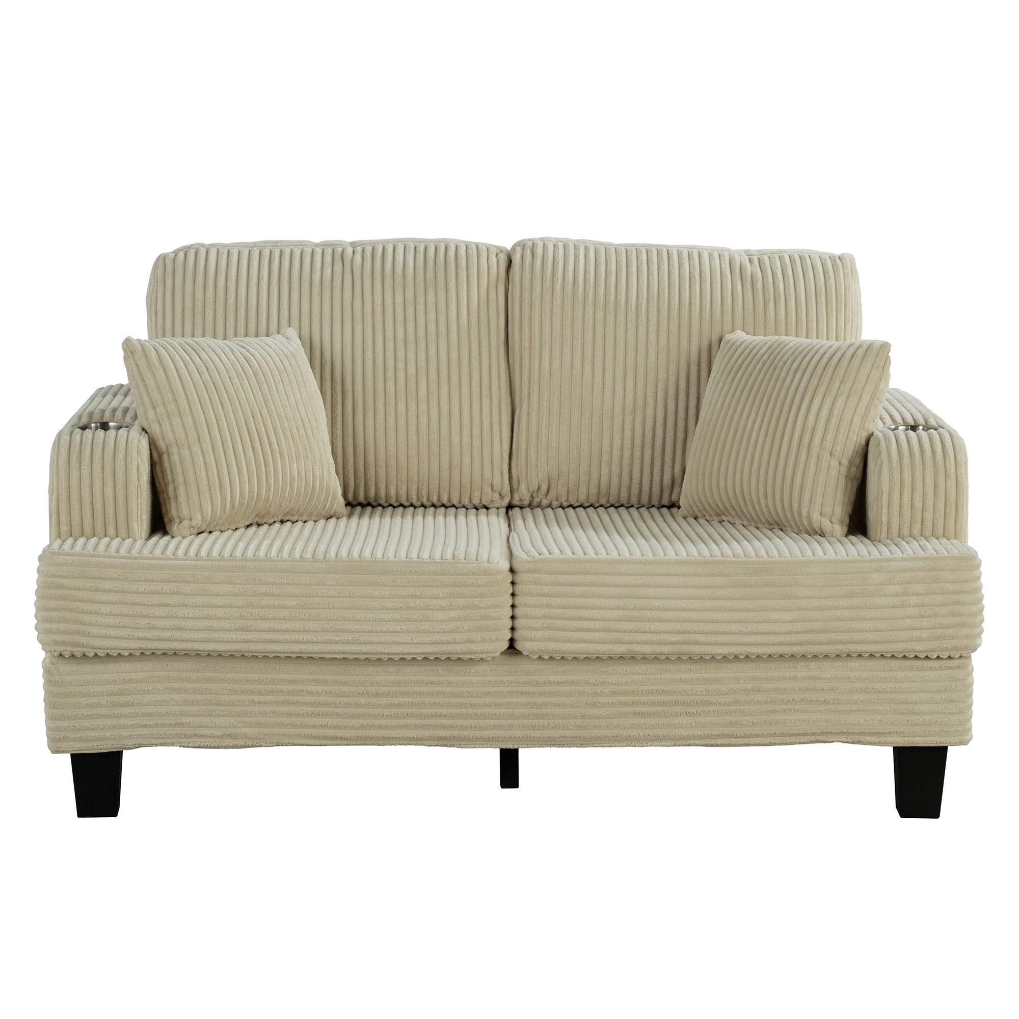 Vaczon - 2-Seater Loveseat Sofa with Cup Holders and 2 Throw Pillows for Living Room or Apartment - Beige
