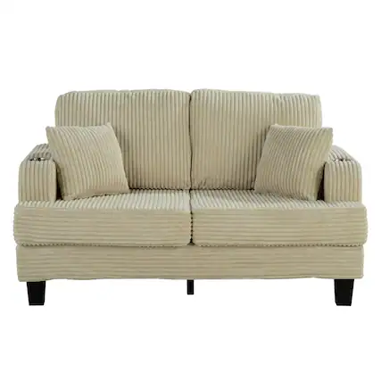 Front. Vaczon - Modern Fabric Loveseat with Cup Holders, Compact 2-Seat Sofa with Throw Pillows for Apartment and Living Room - Beige.