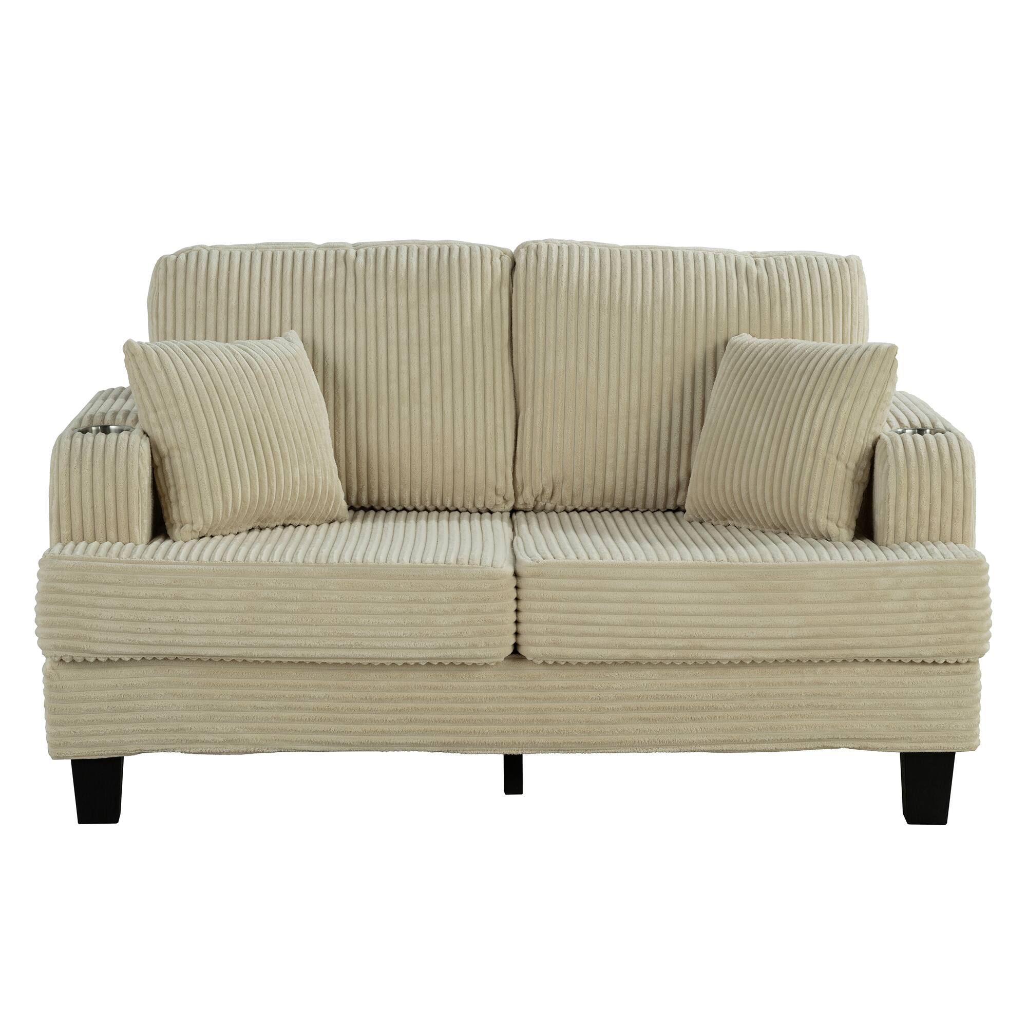 Front. Vaczon - Modern Fabric Loveseat with Cup Holders, Compact 2-Seat Sofa with Throw Pillows for Apartment and Living Room - Beige.