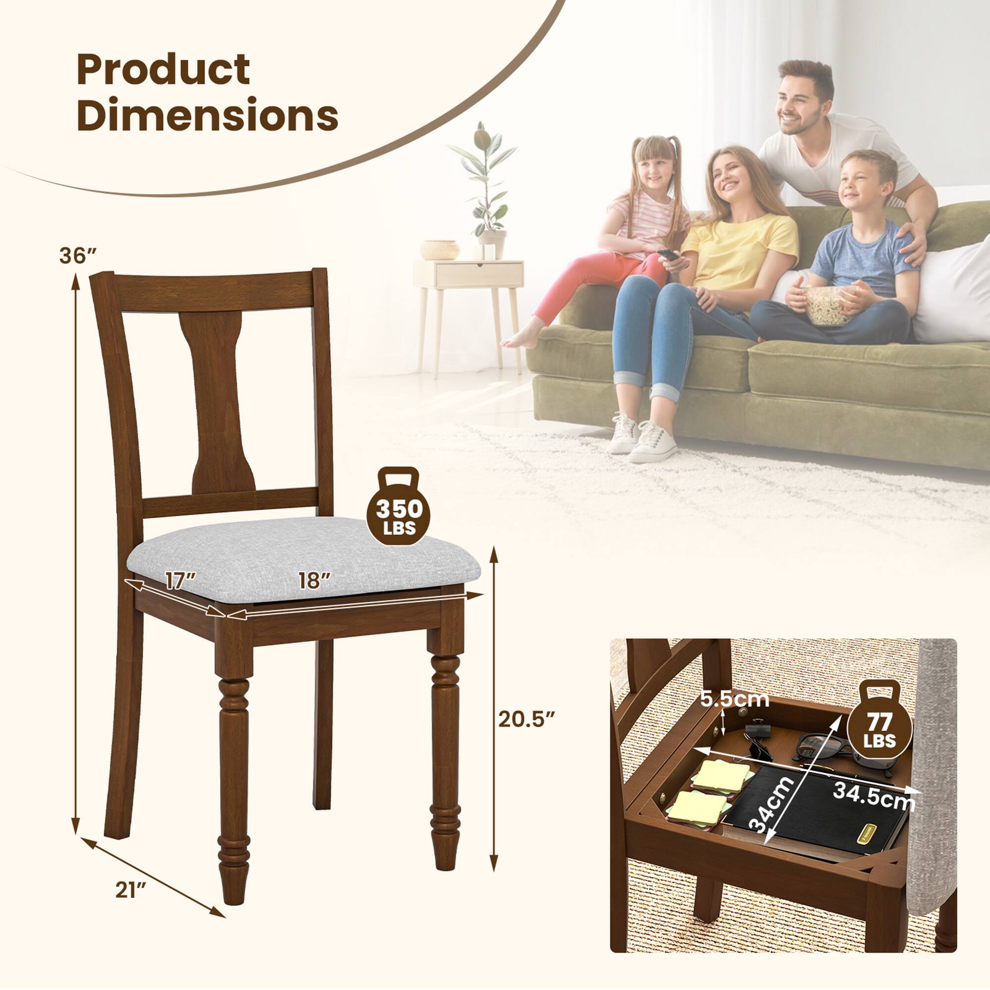 Product Dimensions: 36" x 17" x 21", 18" (seat width), 20.5" (depth), 5.5cm (thickness), 77 lbs (weight), 34cm x 34.5cm (tray dimensions).