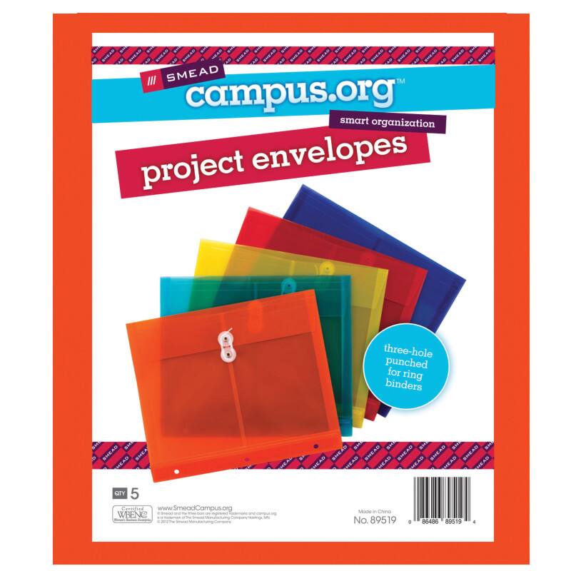 SMEAD campus.org  
smart organization  
project envelopes  
three-hole punched for ring binders  

QTY 5  
www.SmeadCampus.org  

WBENK  
No. 89519  
Made in China  
86486 89519