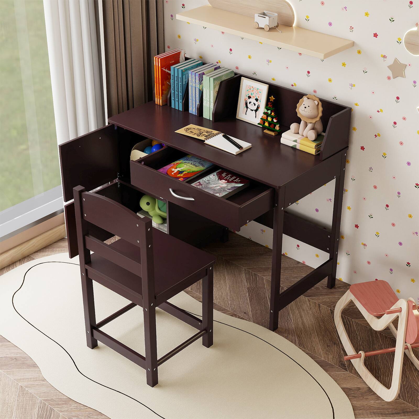 Alt View 3. Gymax - Gymax Kids Study Desk & Chair Set w/Chair 2 Storage Cabinets Drawer 4 Book Sorters - Brown.