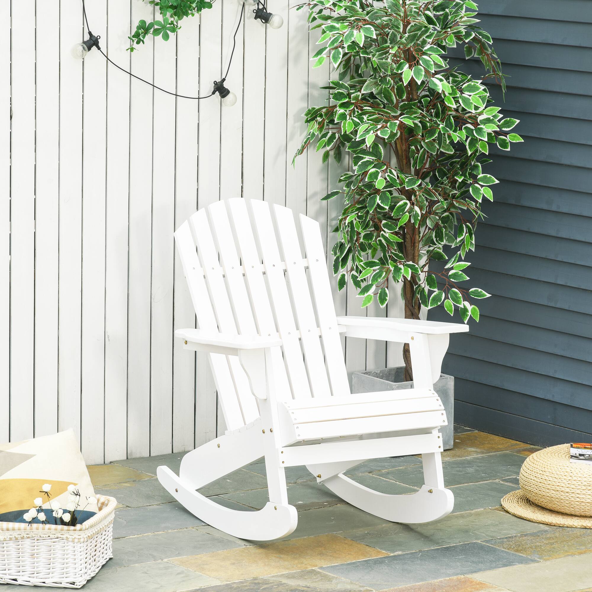 Alt View 1. Outsunny - Adirondack Rocking Chair Outdoor Lounge Chair Fire Pit Seating with Slatted Wooden Design - White.