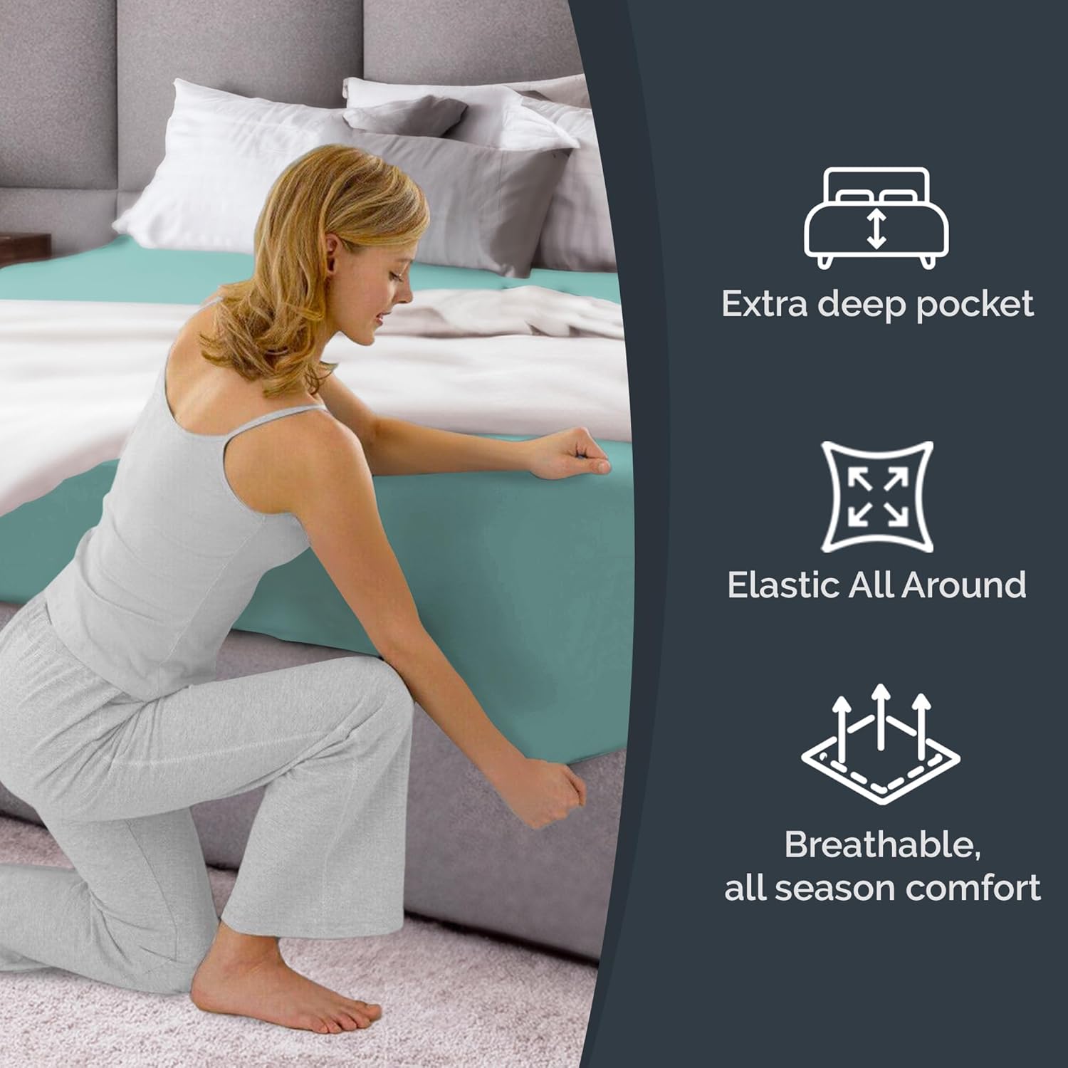 1. Extra deep pocket
2. Elastic All Around
3. Breathable, all season comfort