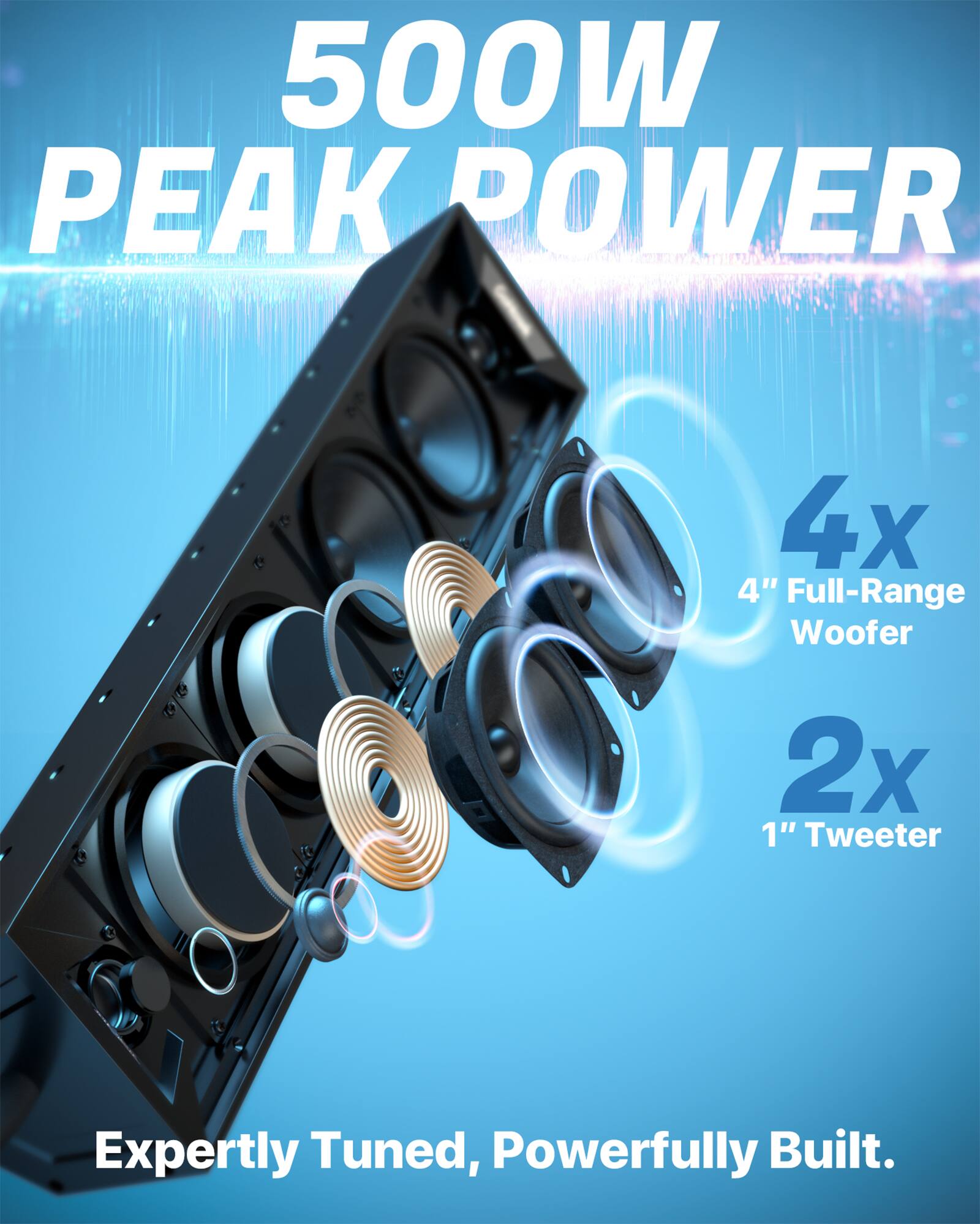500W PEAK POWER  
4x 4" Full-Range Woofer  
2x 1" Tweeter  
Expertly Tuned, Powerfully Built.