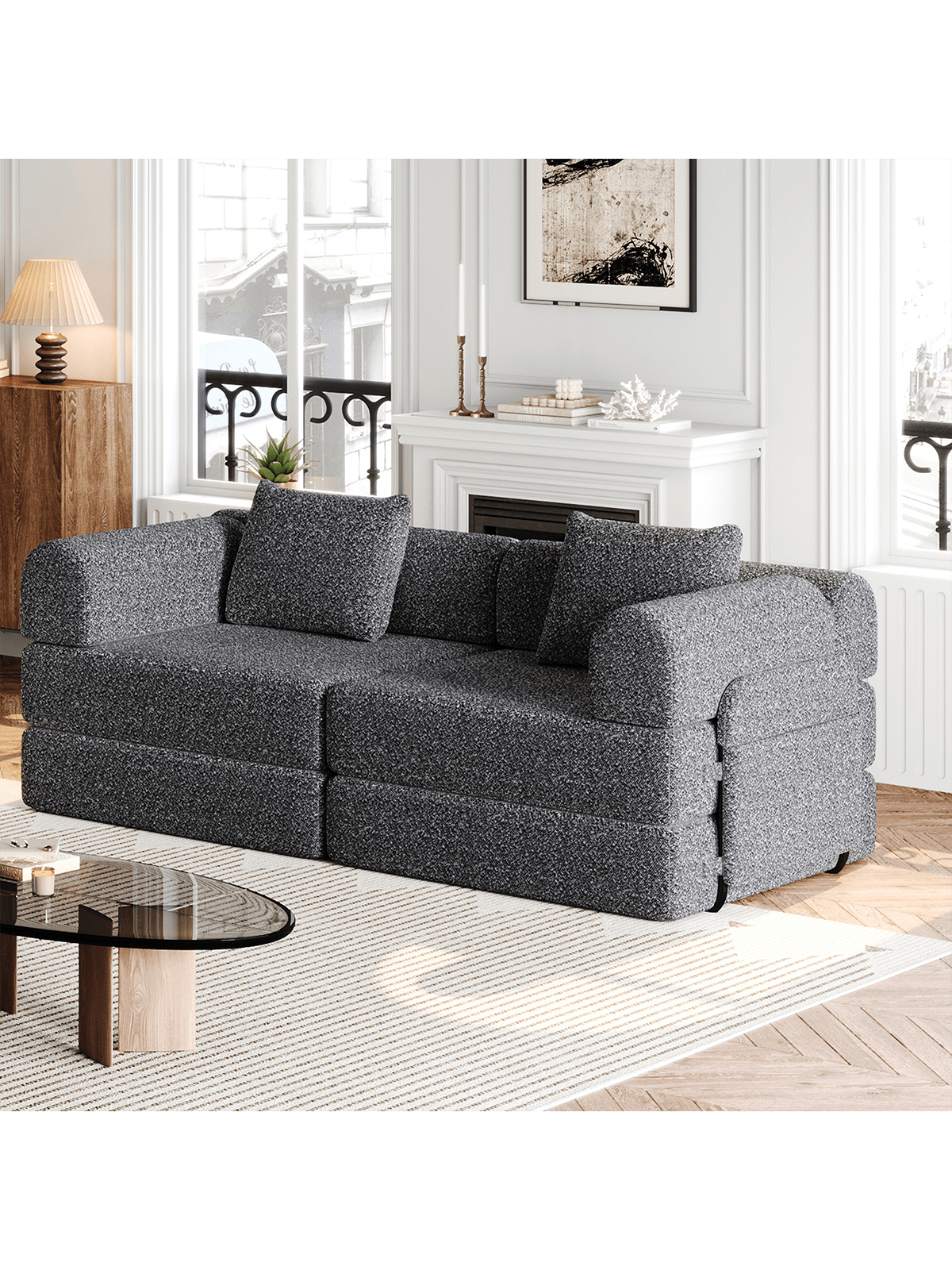 Alt View 2. Trinkets Crazed - Convertible Sofa Bed, 72.4" Loveseat Sofa With Storage Pockets Modular Sleeper Couch Chenille Folding Floor Couch - Gray.