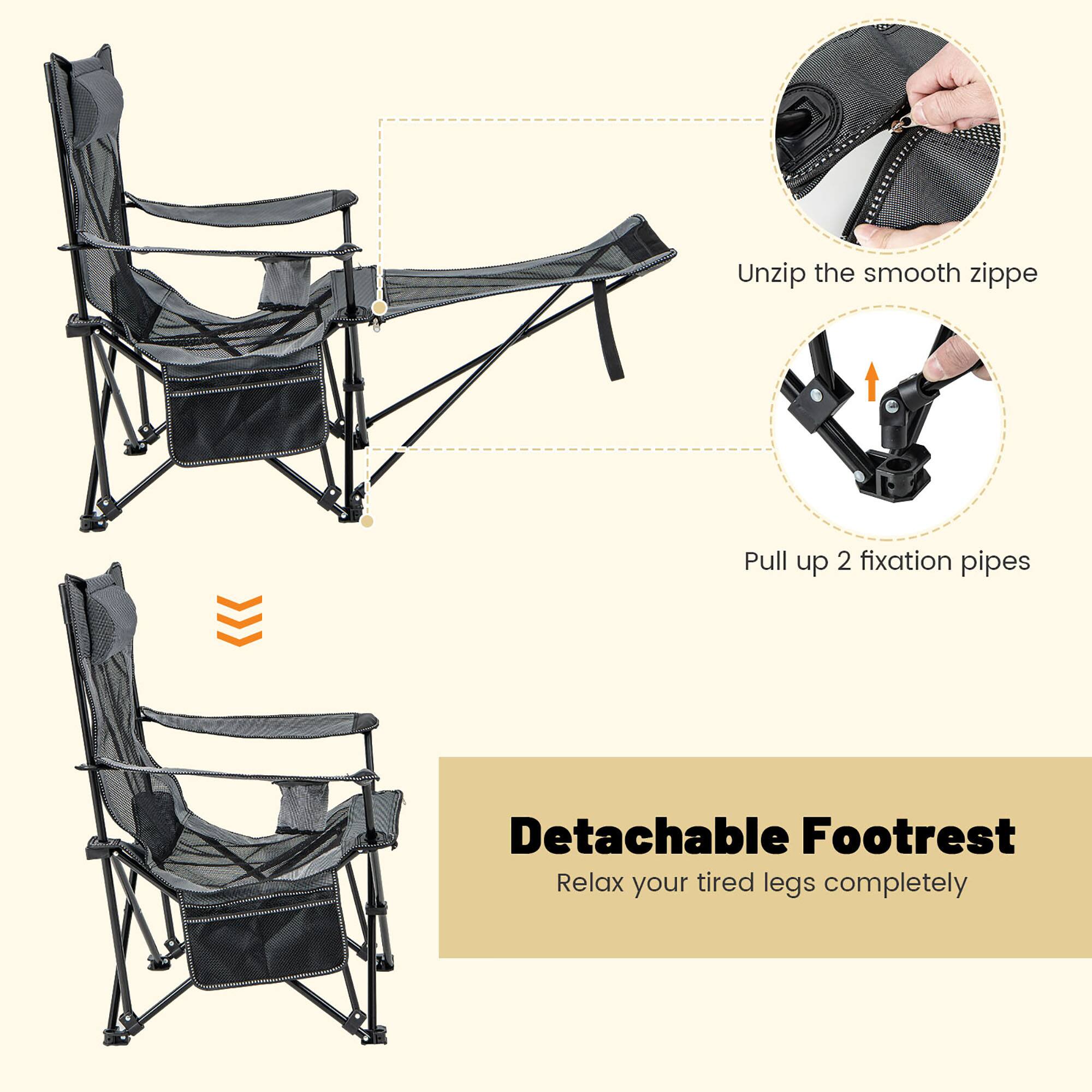 Unzip the smooth zipper.  
Pull up 2 fixation pipes.  
Detachable Footrest.  
Relax your tired legs completely.