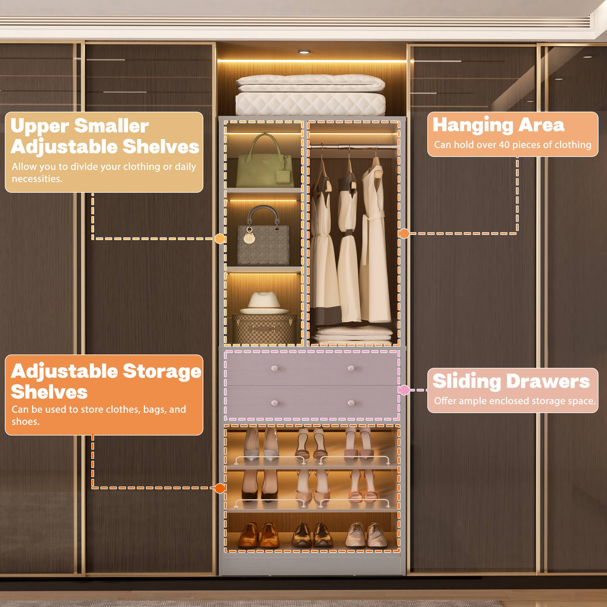 Upper Smaller Adjustable Shelves  
Allow you to divide your clothing or daily necessities.  

Hanging Area  
Can hold over 40 pieces of clothing  

Adjustable Storage Shelves  
Can be used to store clothes, bags, and shoes.  

Sliding Drawers  
Offer ample enclosed storage space.