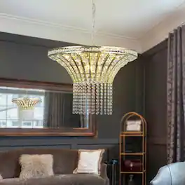 Loheer - 8-Light Crystal Waterfall Chandelier, Modern Living Room Lighting, Adjustable Height, Gold Finish