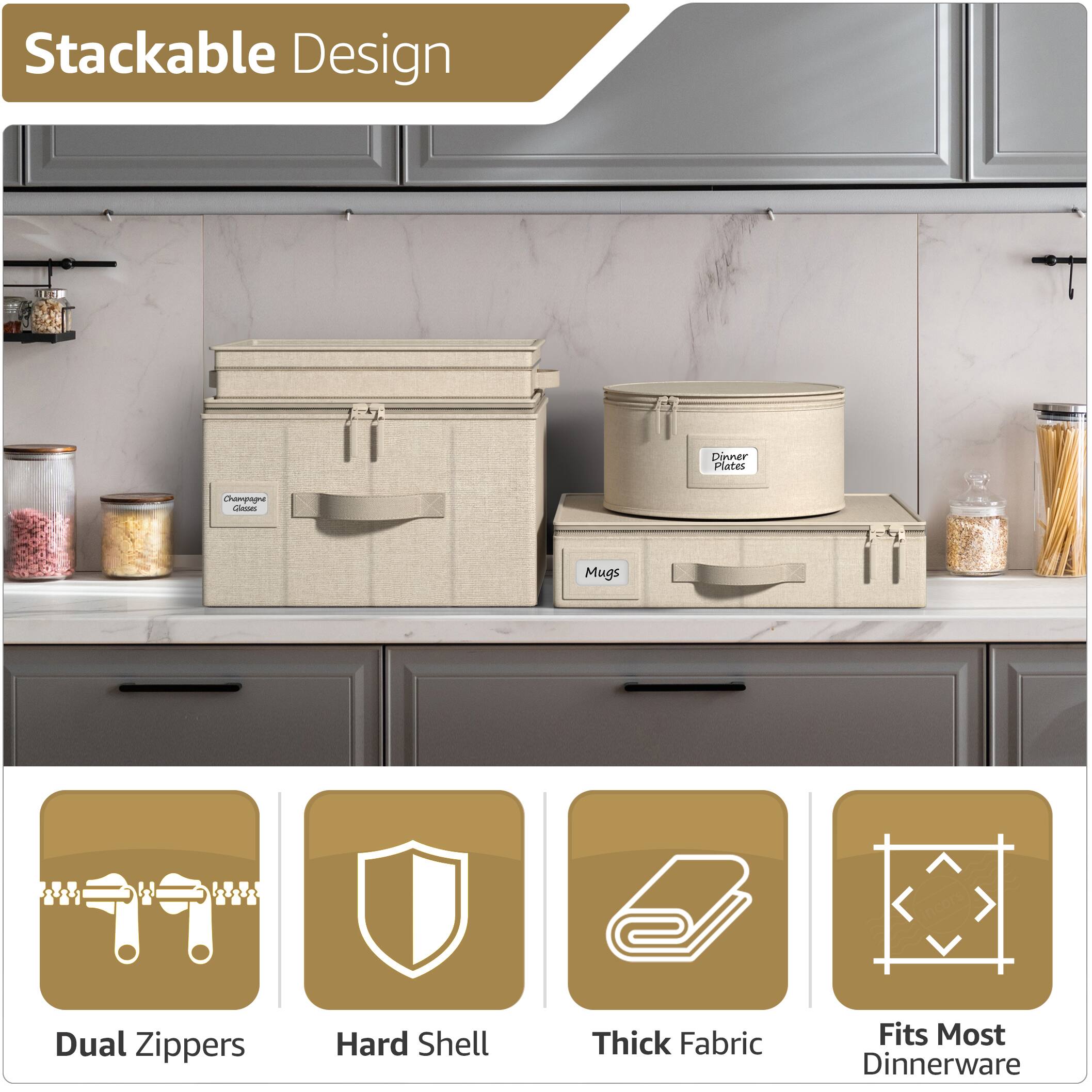 Stackable Design

- Champagne Glasses
- Dinner Plates
- Mugs

Features:
- Dual Zippers
- Hard Shell
- Thick Fabric
- Fits Most Dinnerware