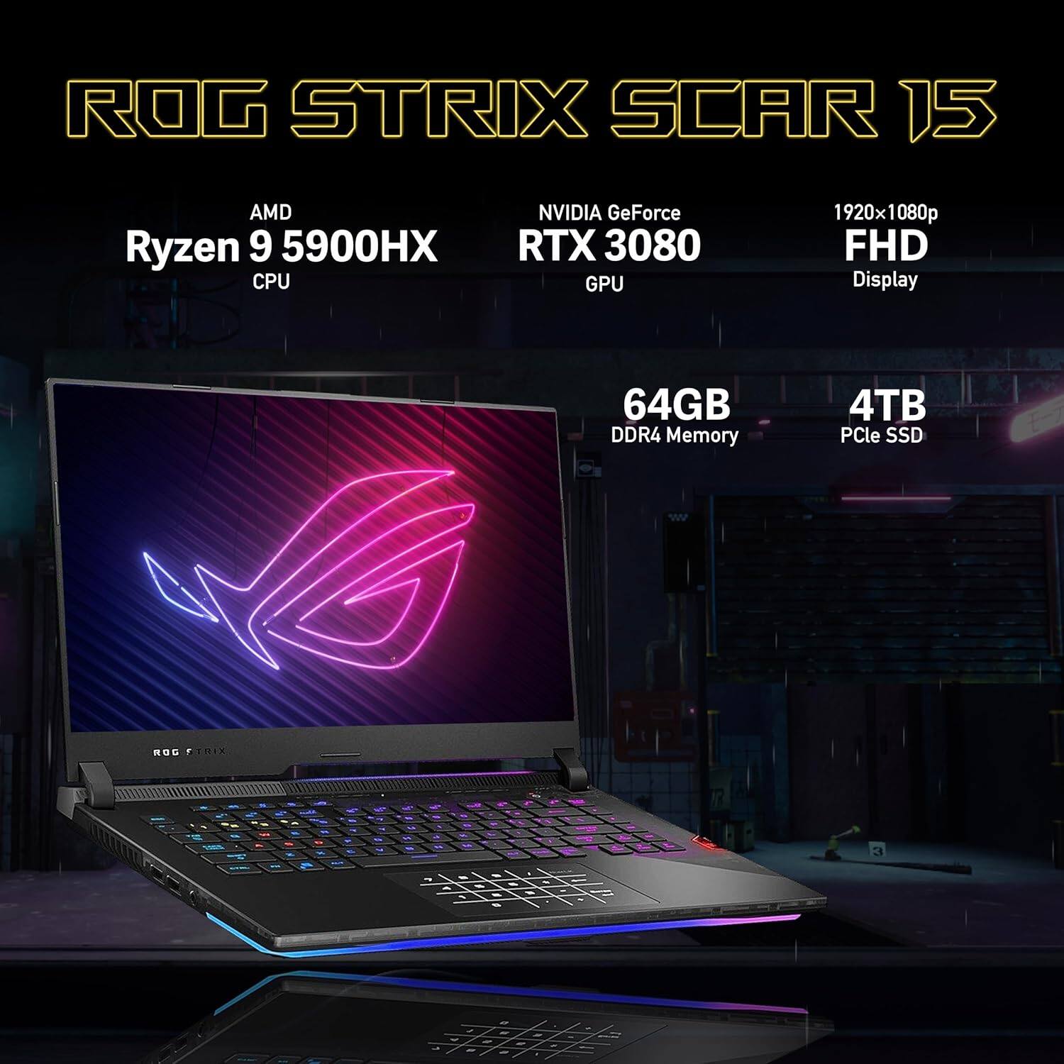 ROG STRIX SCAR 15  
AMD Ryzen 9 5900HX CPU  
NVIDIA GeForce RTX 3080 GPU  
1920x1080p FHD Display  
64GB DDR4 Memory  
4TB PCIe SSD