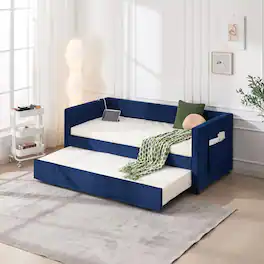 Trinkets Crazed - Twin Daybed with Pop Up Trundle, Velvet Upholstered Extendable Daybed with USB Ports & Pockets - Blue