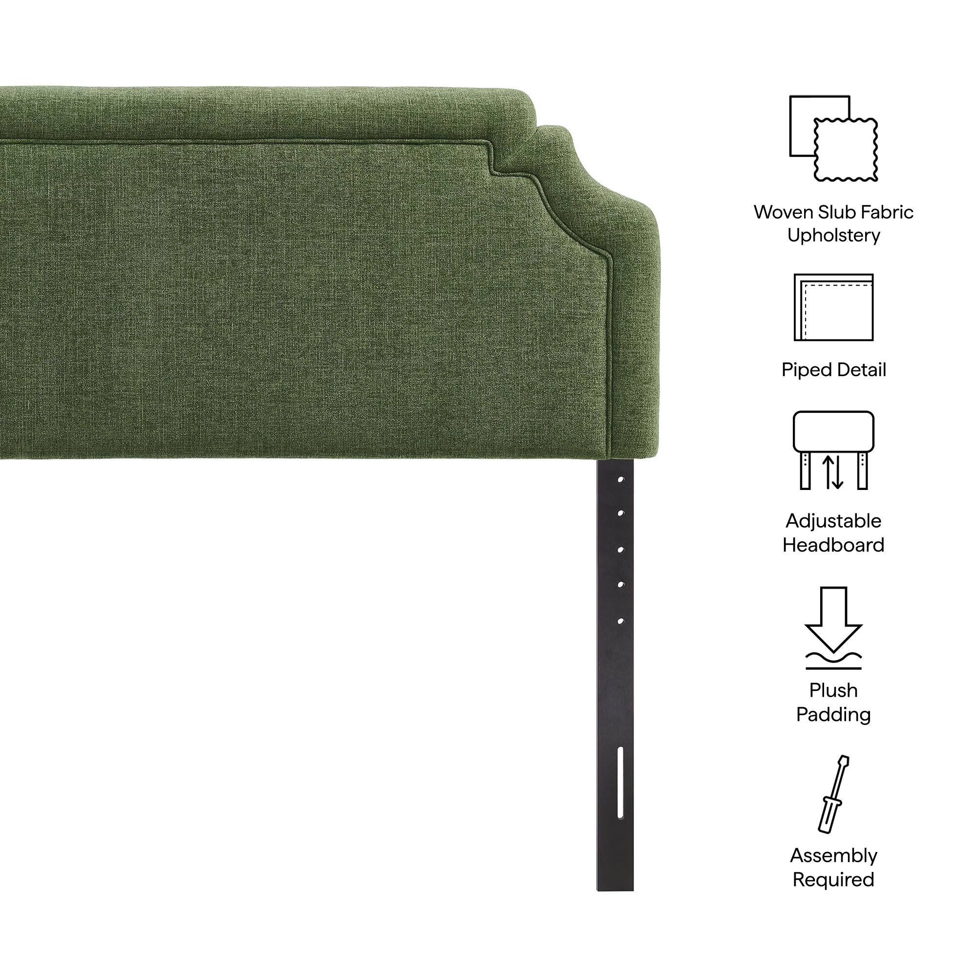Woven Slub Fabric Upholstery  
Piped Detail  
Adjustable Headboard  
Plush Padding  
Assembly Required