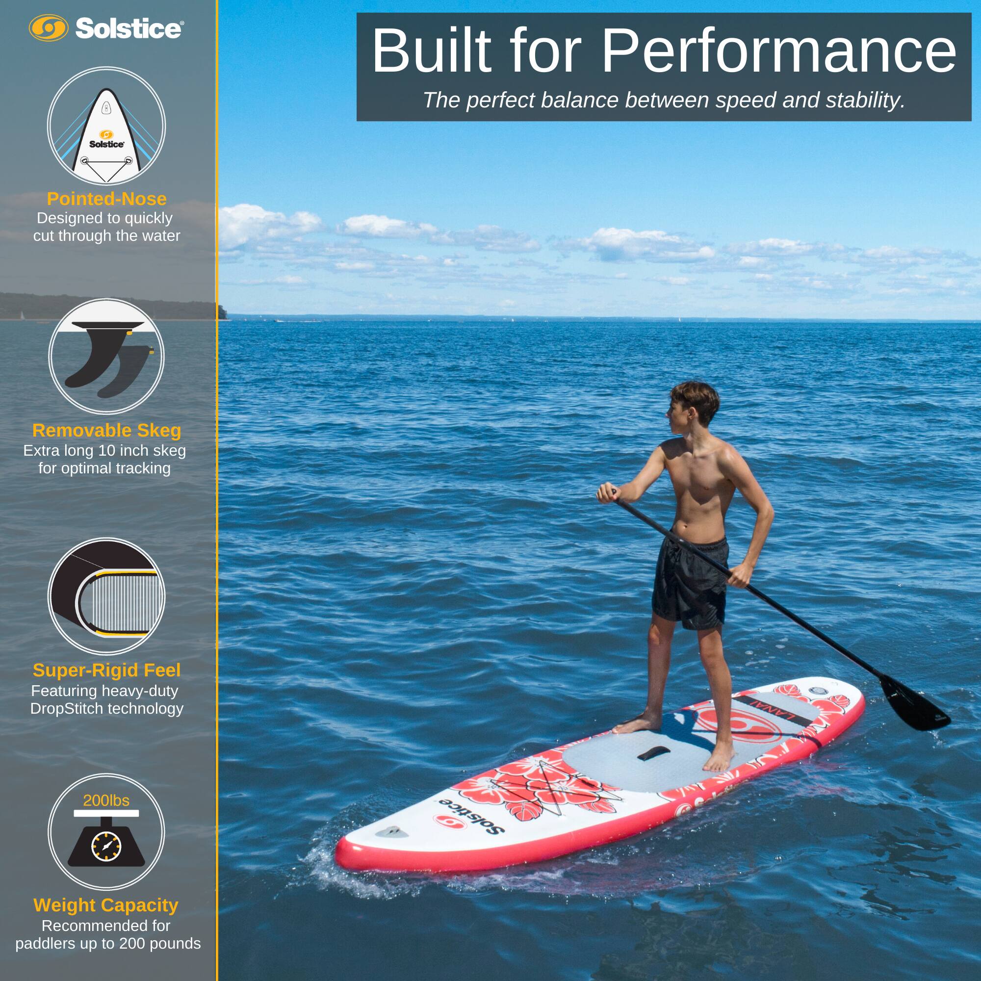 Solstice Built for Performance  
The perfect balance between speed and stability.  

Pointed-Nose  
Designed to quickly cut through the water  

Removable Skeg  
Extra long 10 inch skeg for optimal tracking  

Super-Rigid Feel  
Featuring heavy-duty DropStitch technology  

200lbs  
Weight Capacity  
Recommended for paddlers up to 200 pounds