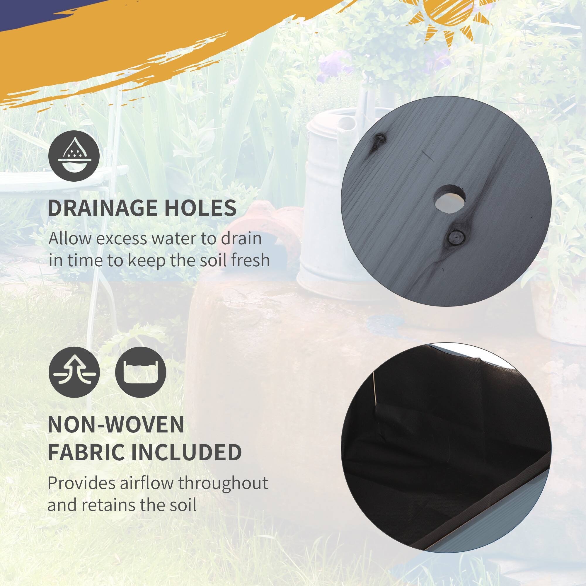 DRAINAGE HOLES
Allow excess water to drain in time to keep the soil fresh

NON-WOVEN FABRIC INCLUDED
Provides airflow throughout and retains the soil