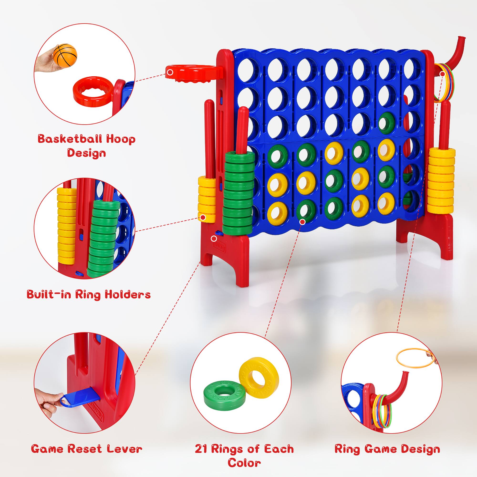 Basketball Hoop Design  
Built-in Ring Holders  
Game Reset Lever  
21 Rings of Each Color  
Ring Game Design