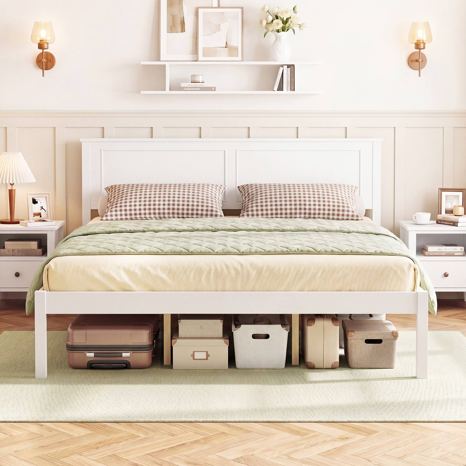 Alt View 3. Gymax - Gymax Queen Size Bed Frame Farmhouse Wooden Platform Bed w/Headboard Under-Bed Storage - White.
