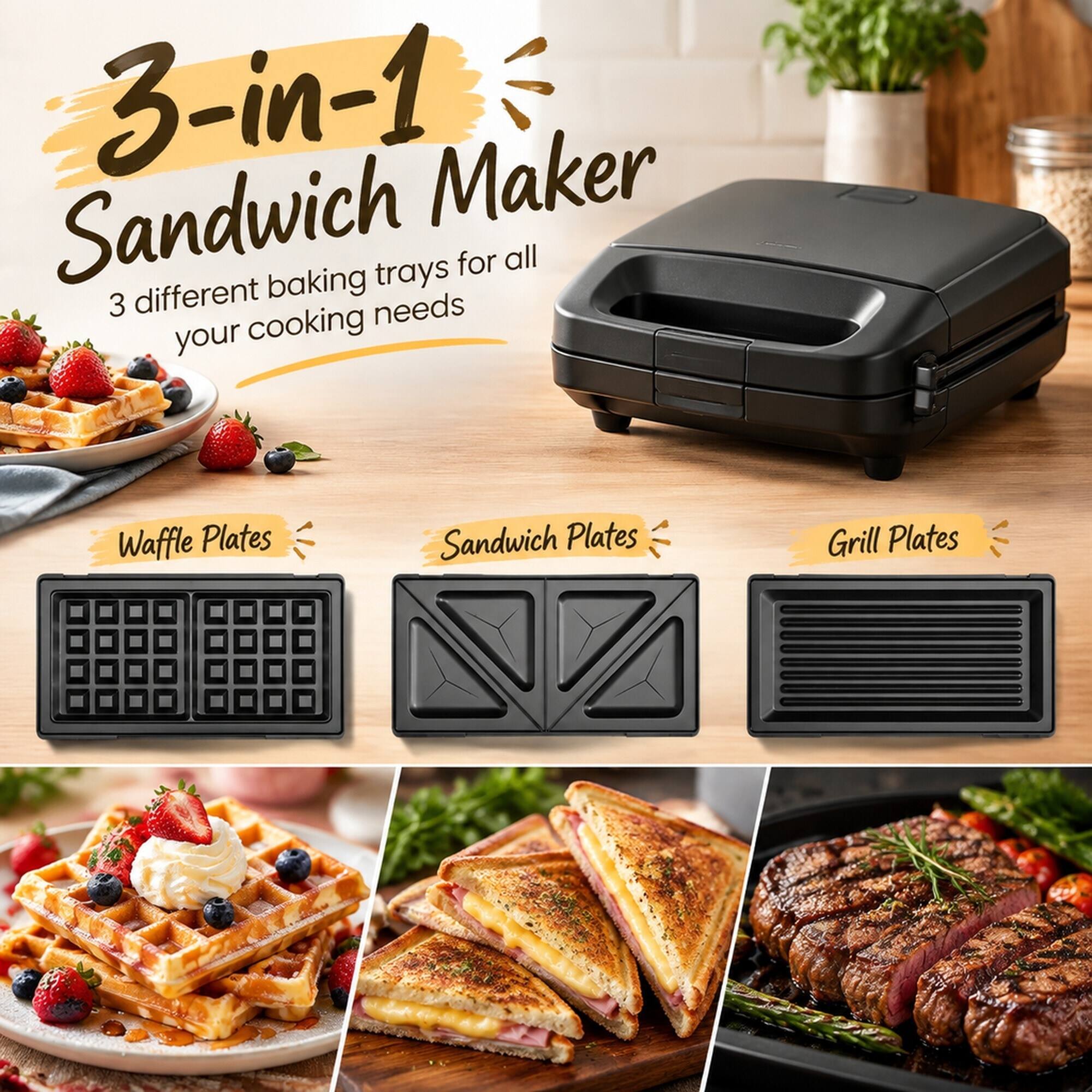 3-in-1 Sandwich Maker  
3 different baking trays for all your cooking needs  

Waffle Plates  
Sandwich Plates  
Grill Plates