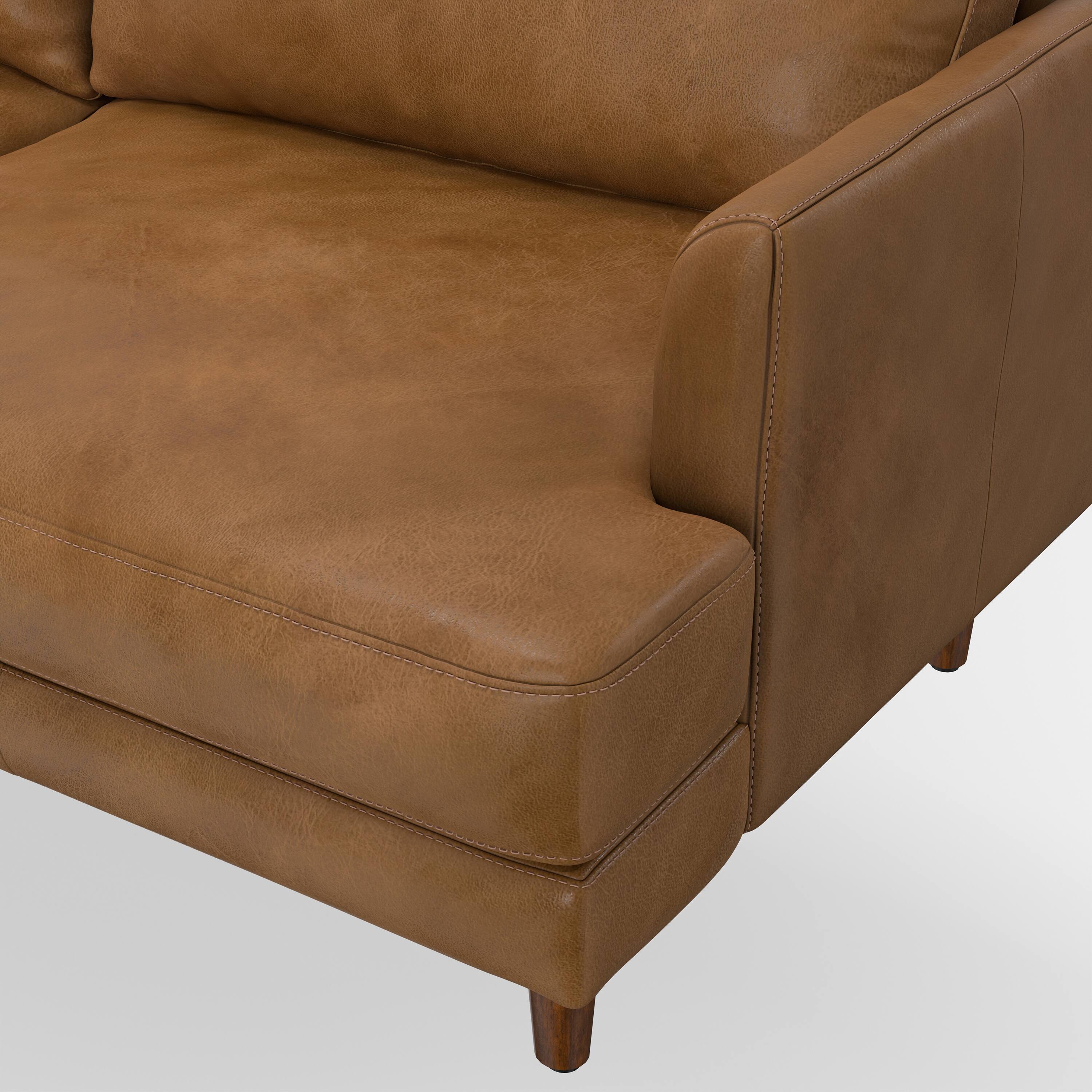 Alt View 2. Simpli Home - Livingston 90 inch Wide Mid-Century Modern Sofa in Caramel Brown Top Grain Genuine Leather - Caramel Brown.