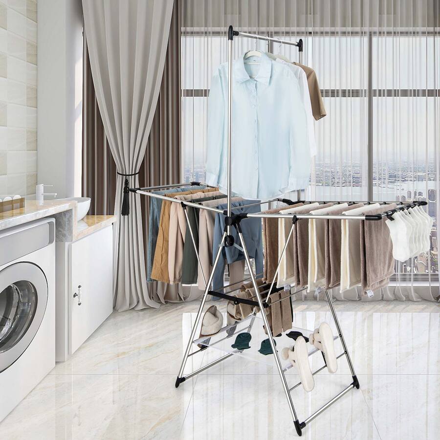 Costway 2 Layer Stainless Steel Foldable Drying Rack w/ Hanging Bar & 2 ...