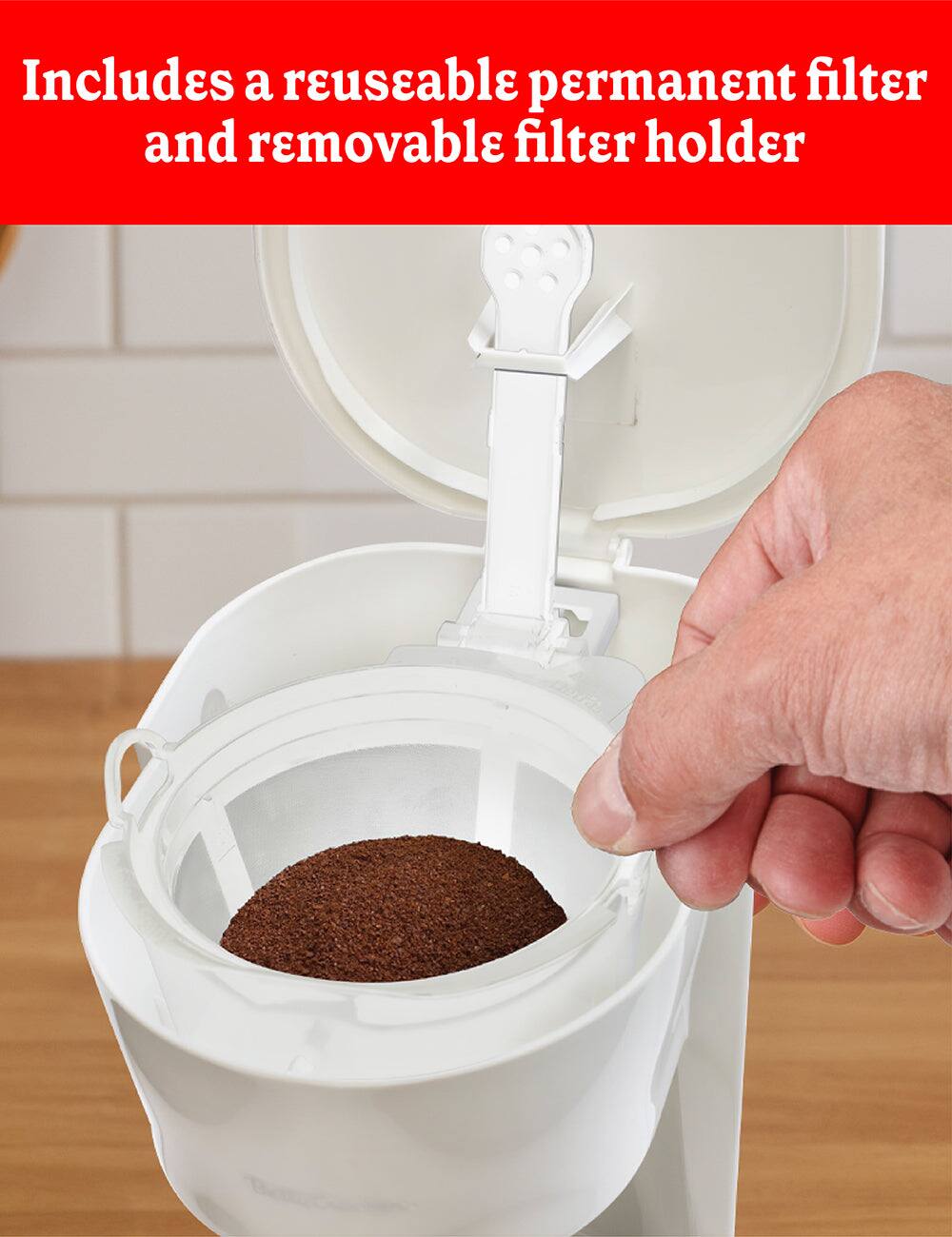 Includes a reusable permanent filter and removable filter holder