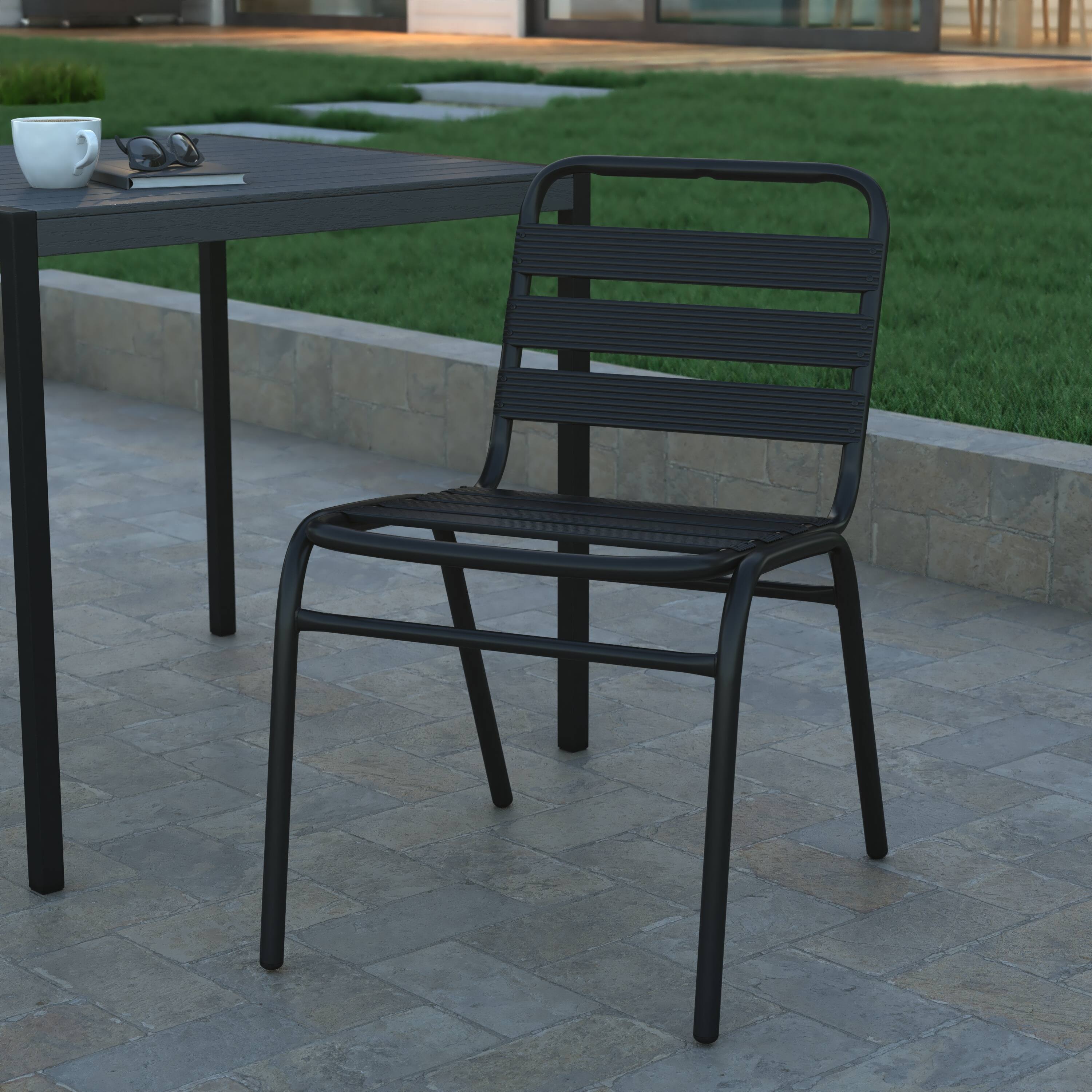 Alt View 1. Emma + Oliver - Metal Commercial Indoor-Outdoor Armless Restaurant Stack Chair with Triple Slat Back - Black.