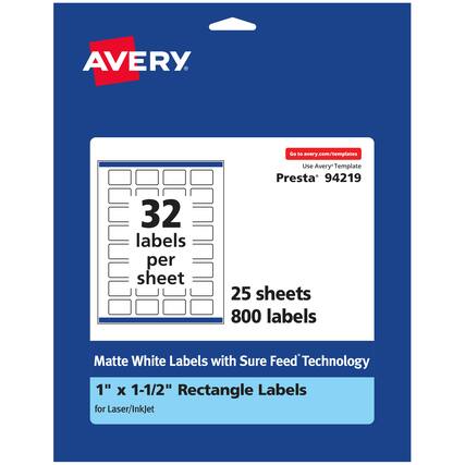 AVERY
Go to avery.com/templates
32 labels per sheet
Use Avery Template Presta 94219
25 sheets 800 labels
Matte White Labels with Sure Feed Technology
1" X 1-1/2" Rectangle Labels for Laser/InkJet
