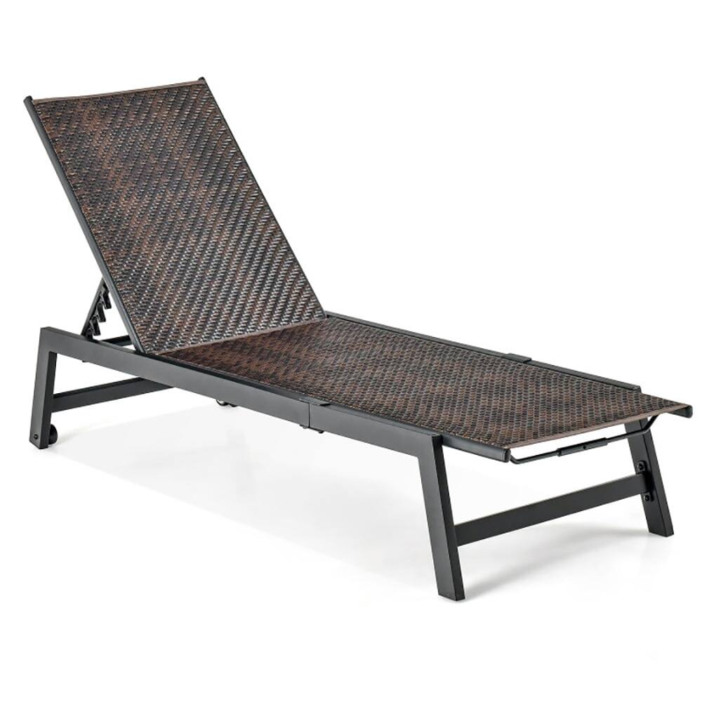 Alt View 1. Kadyn - Outdoor Chaise Lounge Chair, Patio PE Rattan Chaise Lounge with 5-Level Backrest and Wheels-Brown - Brown.
