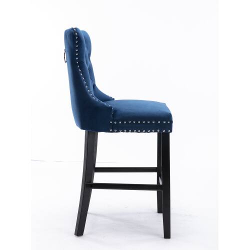 Back. LUCKY ONE - Assembled Velvet Bar Stool Set of 2 with Button Tufted Wood Legs Chrome Nailhead Trim - Blue.