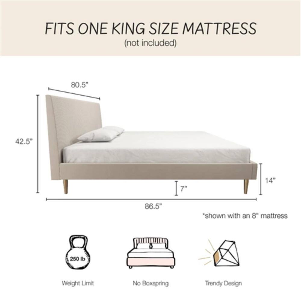 FITS ONE KING SIZE MATTRESS  
(not included)  

80.5"  
42.5"  
7"  
14"  
86.5"  
*shown with an 8" mattress  

250 lb Weight Limit  
No Boxspring  
Trendy Design