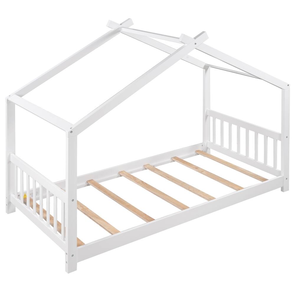 Back. Loheer - Loheer Twin House Bed White Platform Bed with Roof Design - White.