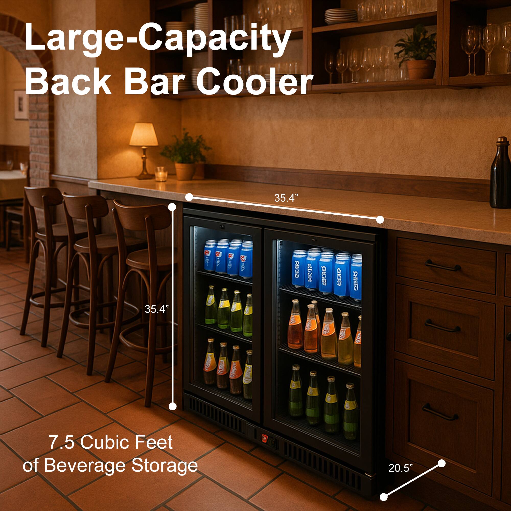 Large-Capacity Back Bar Cooler

35.4"  
35.4"  
20.5"

7.5 Cubic Feet of Beverage Storage
