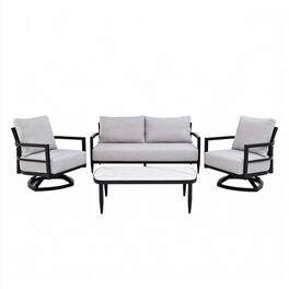 Mondawe - 4-Piece Outdoor Conversation Set with Swivel Chair, Bench Sofa, Marble-Inspired Table and Sunbrella Cushions - Ember Black+Grey