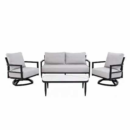 Front. Mondawe - 4-Piece Outdoor Conversation Set with Swivel Chair, Bench Sofa, Marble-Inspired Table and Sunbrella Cushions - Ember Black+Grey.