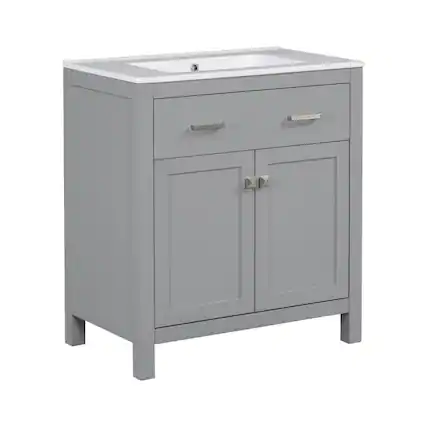 Front. Glintex - 30 Inch Modern Bathroom Vanity with Ceramic Sink, Flip Drawer, and Soft-Close Doors - Gray.