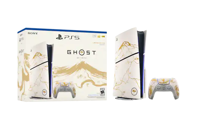 Sure, here is the corrected and grouped text from the image:
---
**SONY PS5**
**GHOST OF YOTEI**
**LIMITED EDITION**
**1TB**
**HDR**
**MATURE 17+**
**ESRB**
**MADE IN JAPAN**
**©2021**
**PlayStation**
**Ghost of Yotai**
**Limited Edition**
**PS5**
**1TB**
**HDR**
**MATURE 17+**
**ESRB**
**MADE IN JAPAN**
**©2021**
**PlayStation**
---
This text is derived from the visible elements on the packaging and console. - M (Mature 17+)
