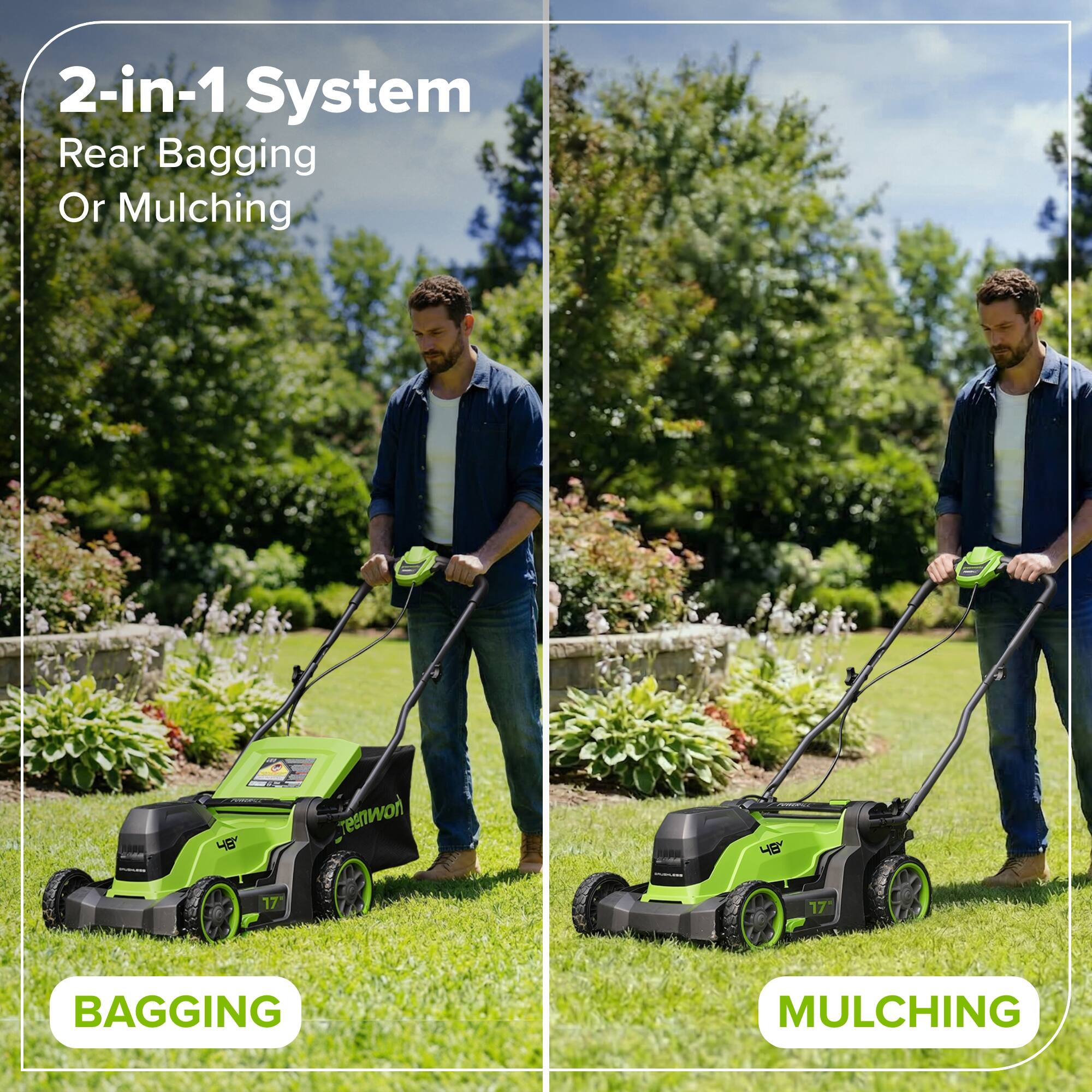 2-in-1 System  
Rear Bagging Or Mulching  

BAGGING  
MULCHING