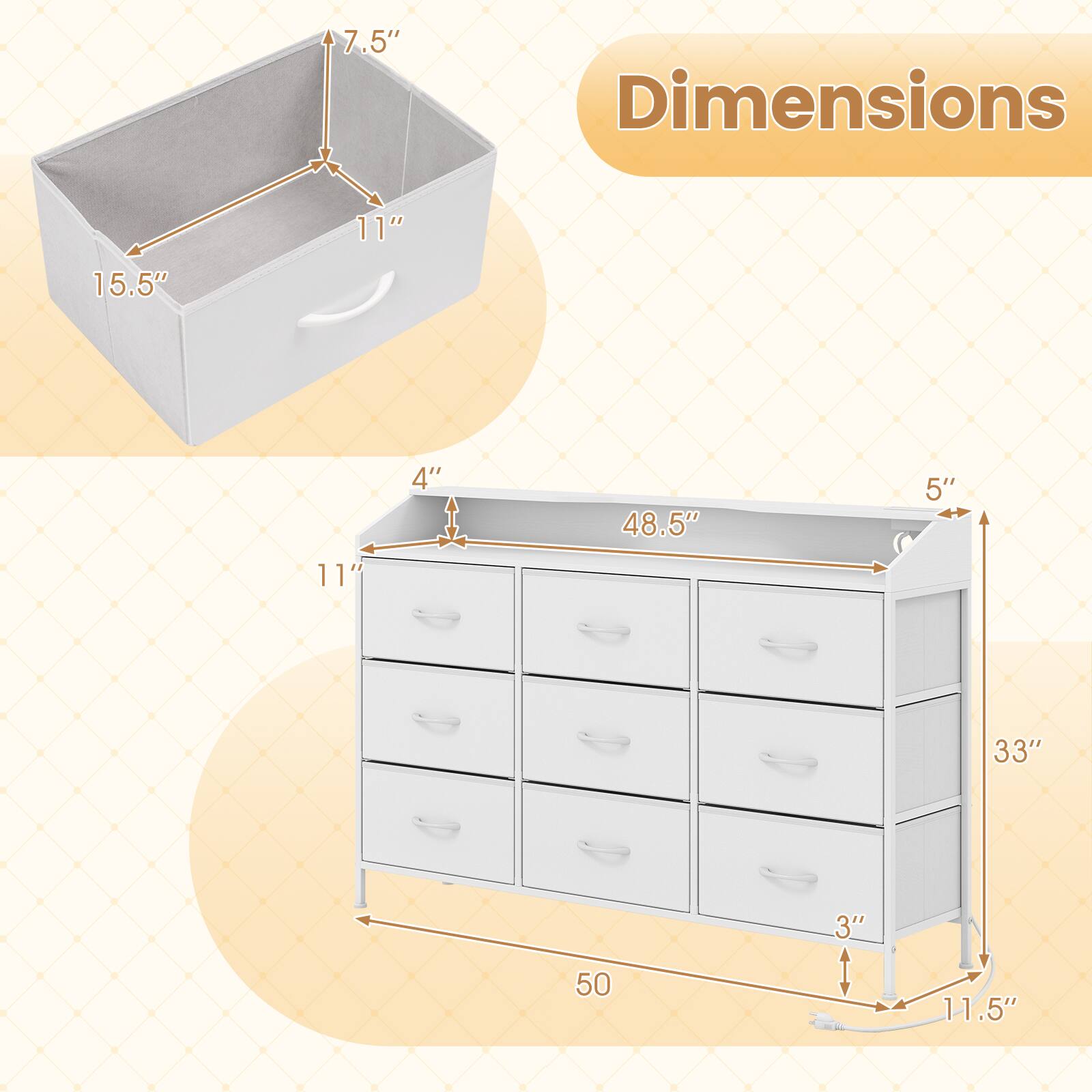 7.5" x 11" x 15.5"  
4" x 48.5" x 5"  
11" x 33" x 3"  
50" x 11.5"
