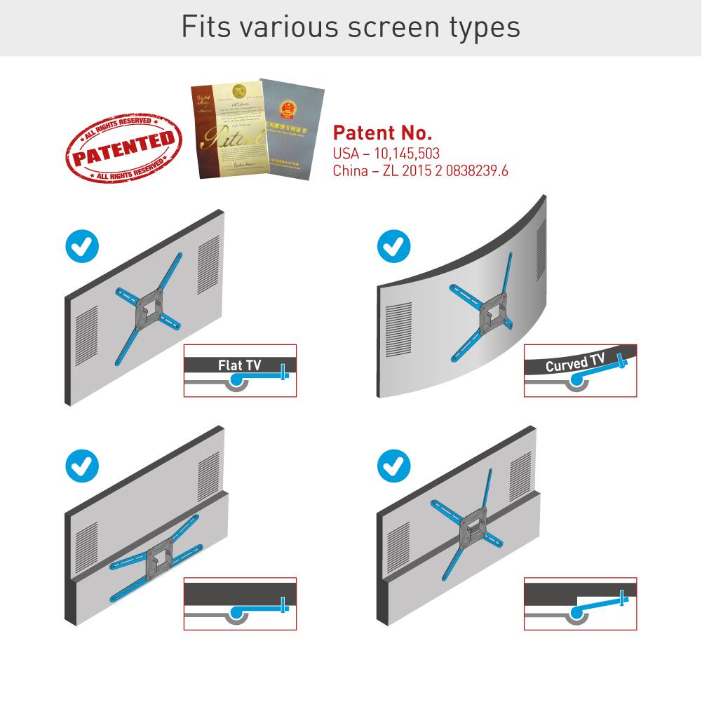 Fits various screen types

RESERVED RIGHTS - CHASTRE Patent No. ALL Patint PATENTED RESERVED F CCO USA ee 10,145,503 RIGHTS China -ZL I ZL 2015 2 0838239.6 6 ALL

Flat TV Curved TV