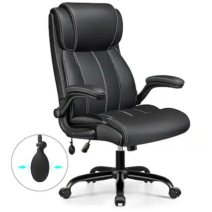 Front. KERDOM - Ergonomic Office Chair - Desk Computer Chair, PU Leather High Back Executive Chair, Inflatable Lumbar Support, Wide Seat - Black.