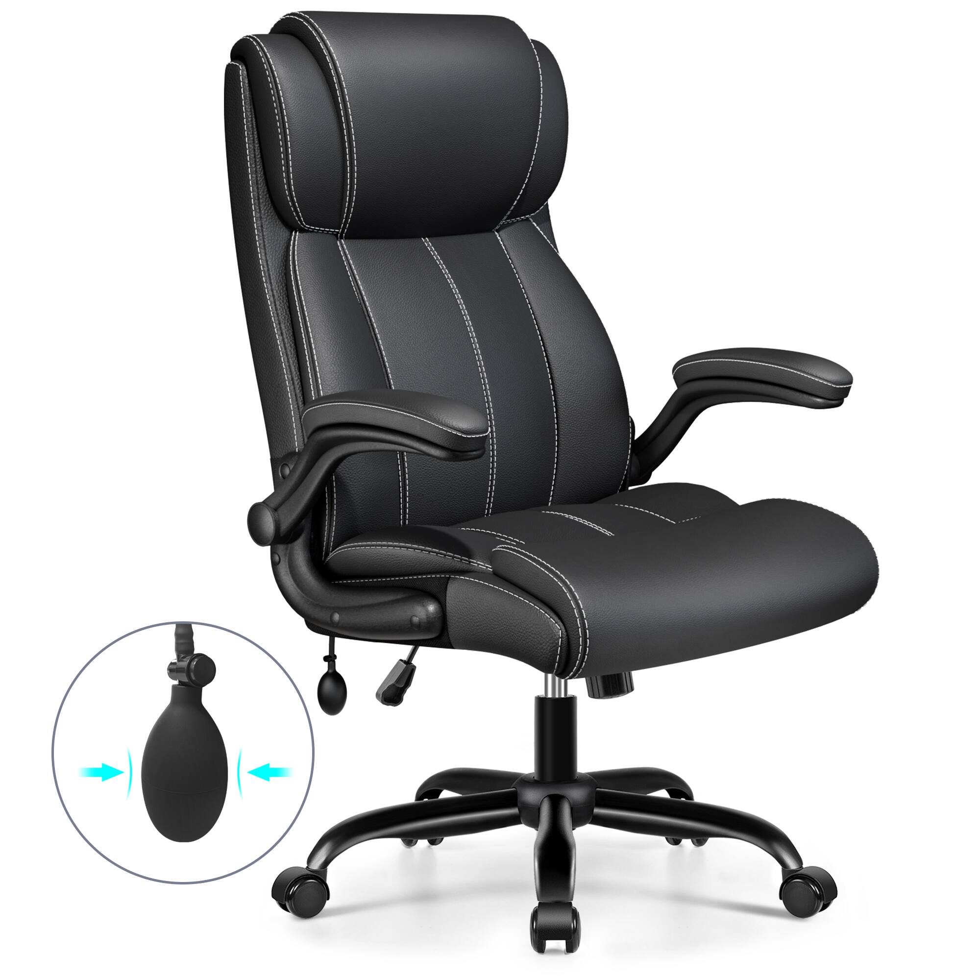 KERDOM - Ergonomic Office Chair - Desk Computer Chair, PU Leather High Back Executive Chair, Inflatable Lumbar Support, Wide Seat - Black