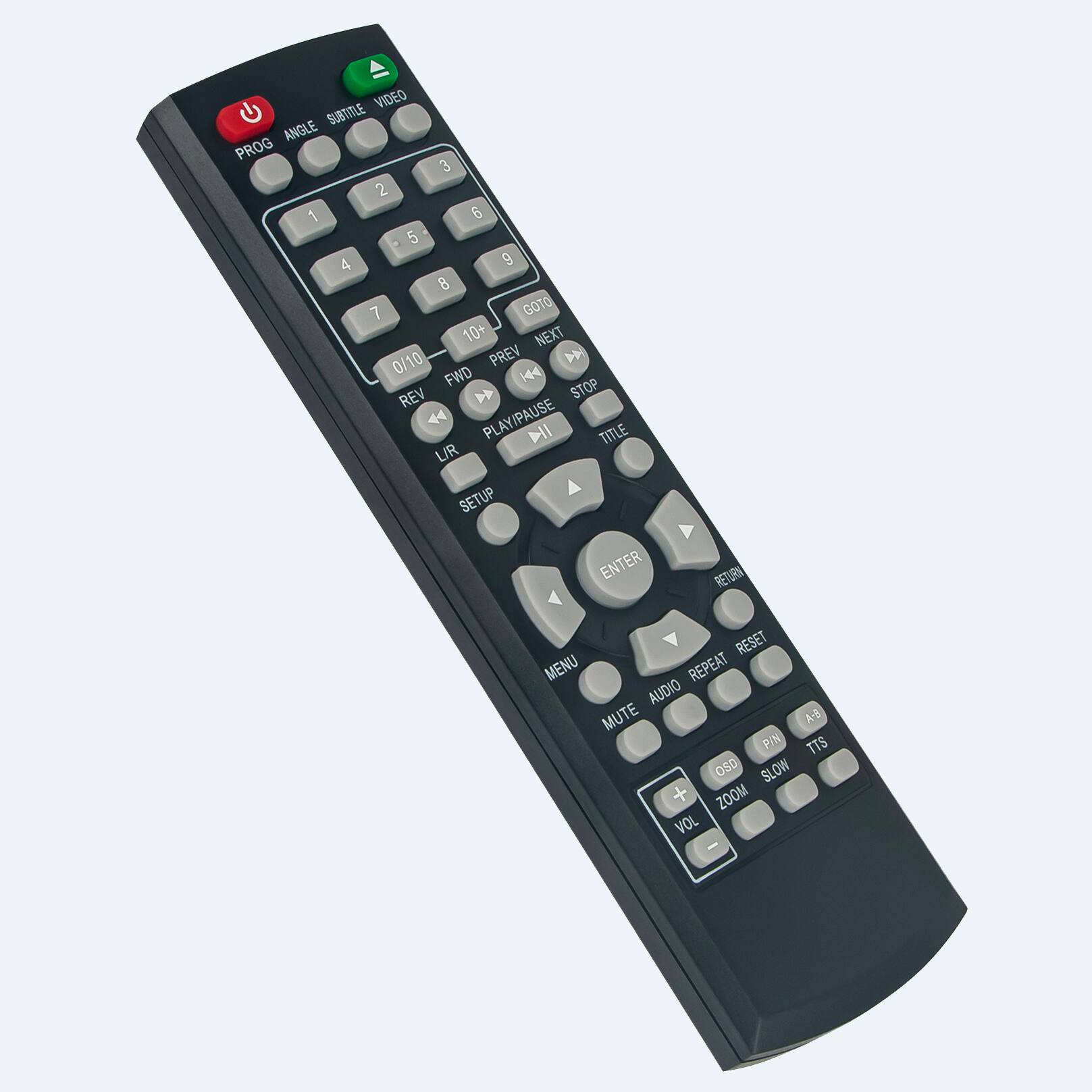 VIDEO SUBTITLE ANGLE PROG 3 2 1 6 - 5 4 9 8 7 GOTO 10+ NEXT 0/10 PREV A FWD 144 REV STOP PLAY/PAUSE PLAY TITLE L/R SETUP ENTER RETURN RESET MENU REPEAT AUDIO MUTE A-5 PIN TTS OSD SLOW + ZOOM VOL