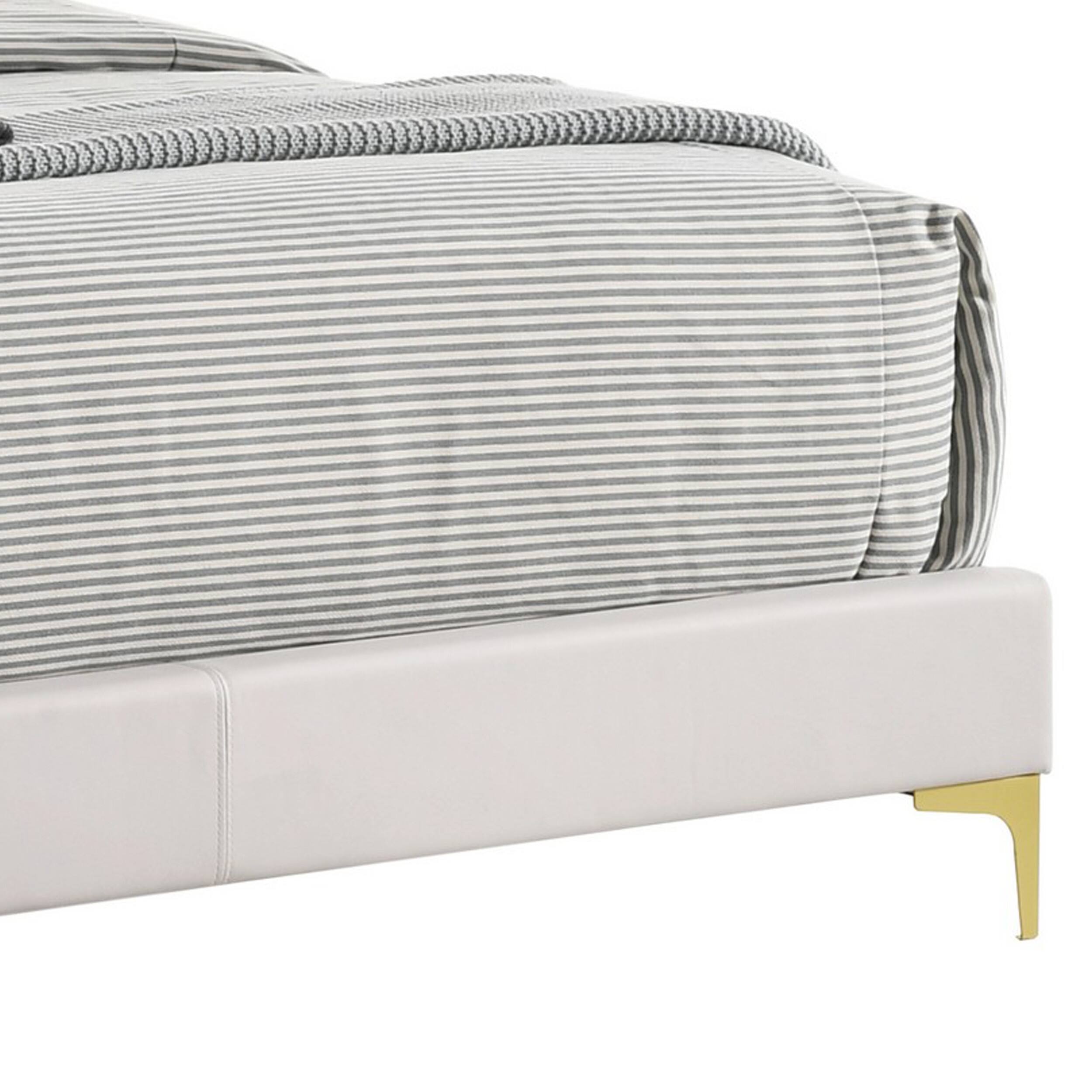 Alt View 3. Manhattan Lane - Lif Platform Queen Size Bed, Panel Tufted Headboard, Gold Legs White Velvet - White, Black, Gold.