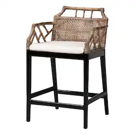 bali & pari - Abiel Natural Rattan Counter Stool with Arms and Removable Cushion – Handwoven Wicker Stool with Mahogany Wood Frame - Greywash/Black