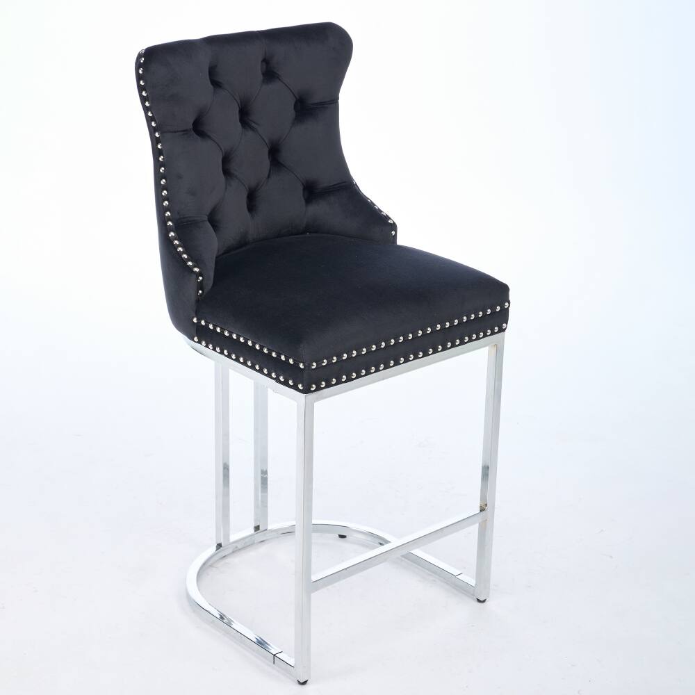 Alt View 1. Loheer - Loheer Counter Height Bar Stools Set of 2 Black Velvet Tufted Kitchen Island Chairs with Metal Legs - Black.