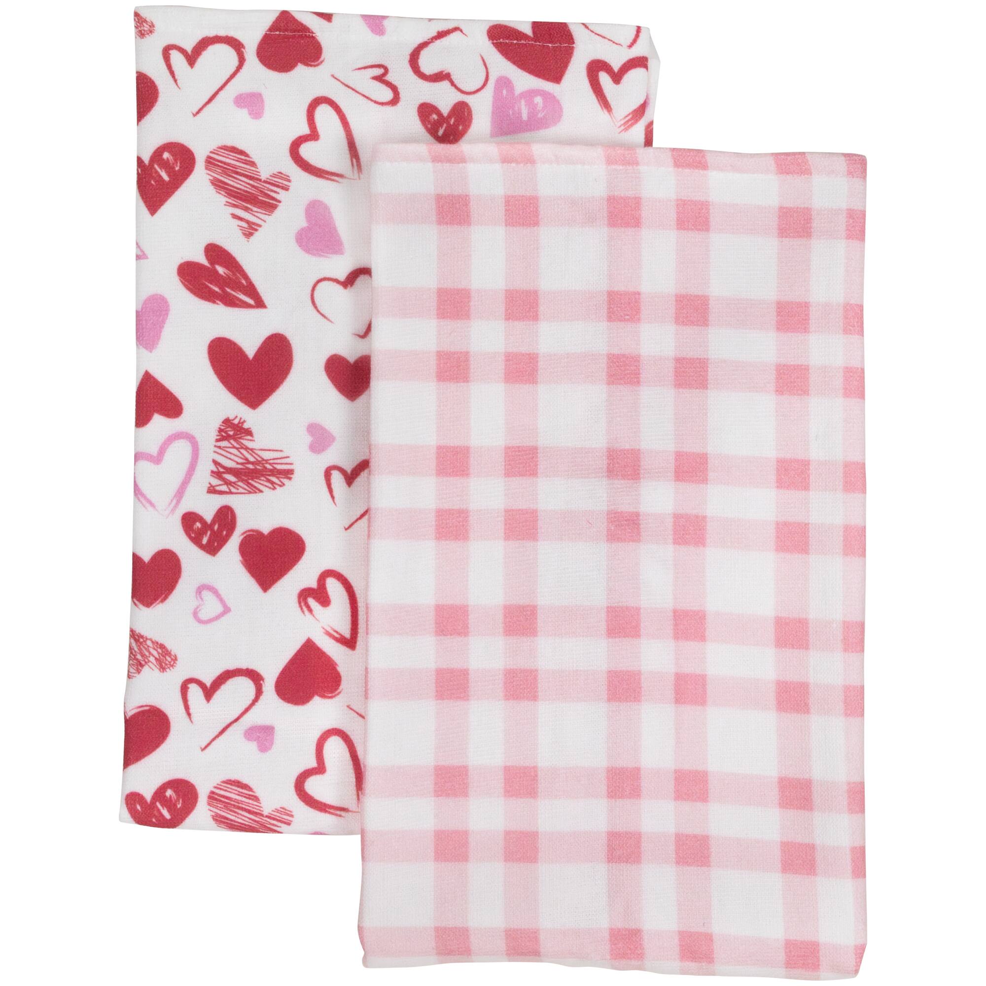 Front. Northlight - Plaid and Hearts Valentine's Day Kitchen Tea Towels - 26" - Pink and Red - Set of 2 - White.